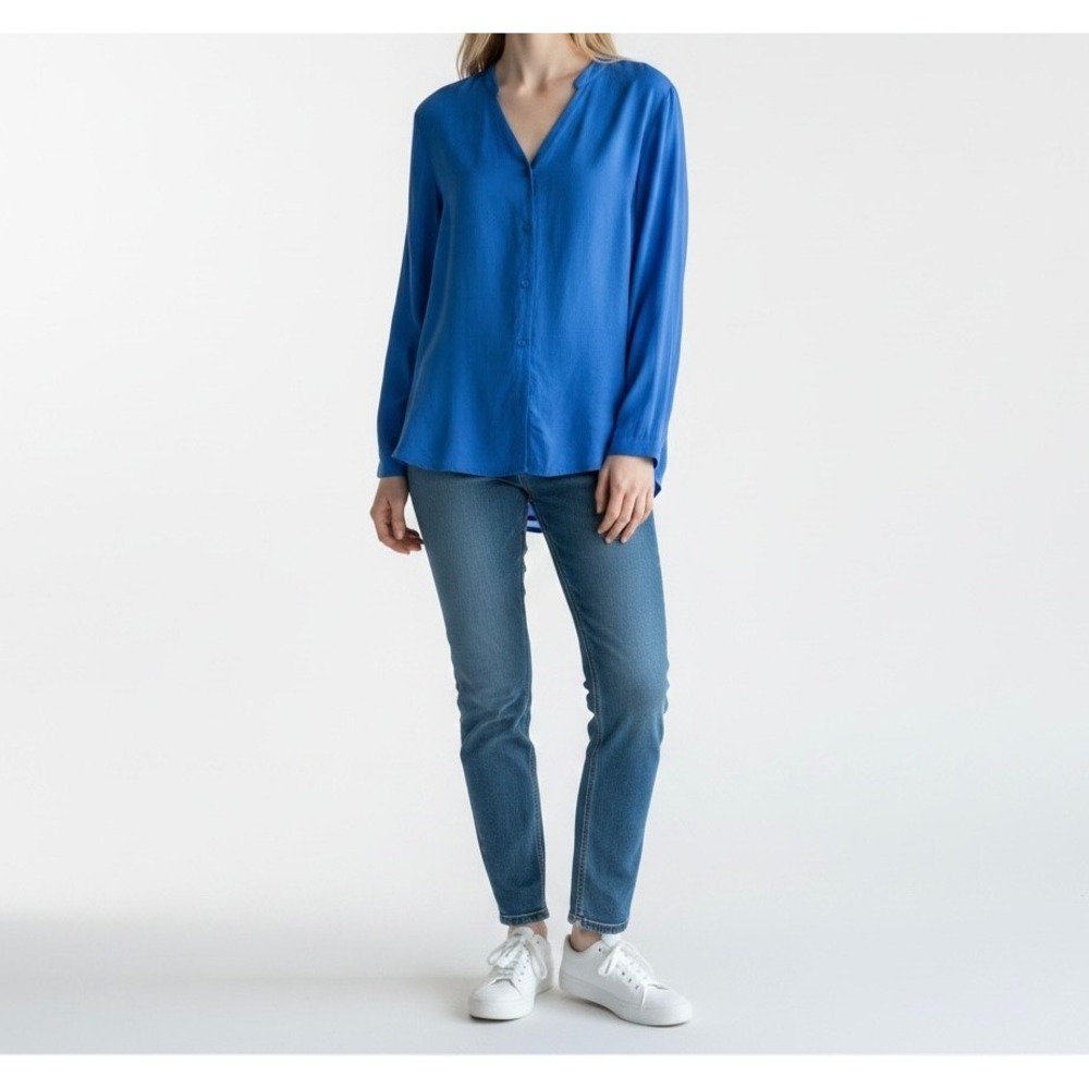 Eileen Fisher Irish Linen Shirt M Blue Button Front Relaxed Fit Long Sleeve Top